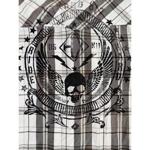 Helix Mens Athletic Fit Plaid Western Pearl Snap Shirt Skull Wing Graphic L